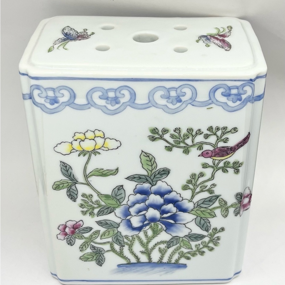 VTG Butterfly Floral Design Japanese Porcelain Ware Flower Frog Brick 3x5x6” EUC